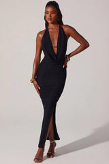 Plunge Cowl Neck Floor Length Dress in Black