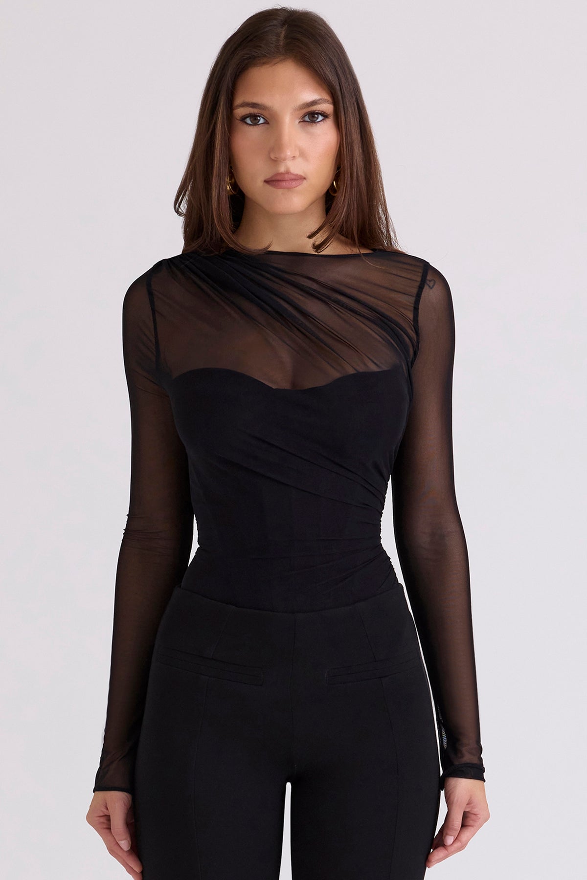 black draped mesh bodysuit