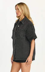 Iris Top - Oversized Recycled Denim Short Sleeve Shirt in Black