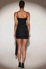 Embellished V-Neck Draped Corset Mini Dress in Black