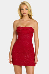Embellished Strapless Cowl-Neck Mini Dress in Rouge