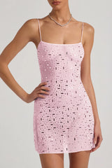 Sheer Embellished Square-Neck Mini Dress in Pink