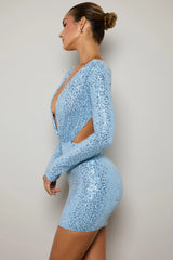 Embellished Cut-Out Mini Dress in Light Blue
