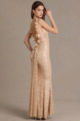 Embellished Open-Back Maxi Dress in Gold