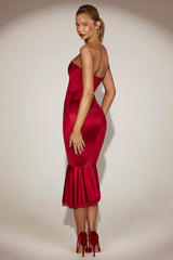 Satin Lace-Trim Bandeau Fluted Midaxi Dress in True Red
