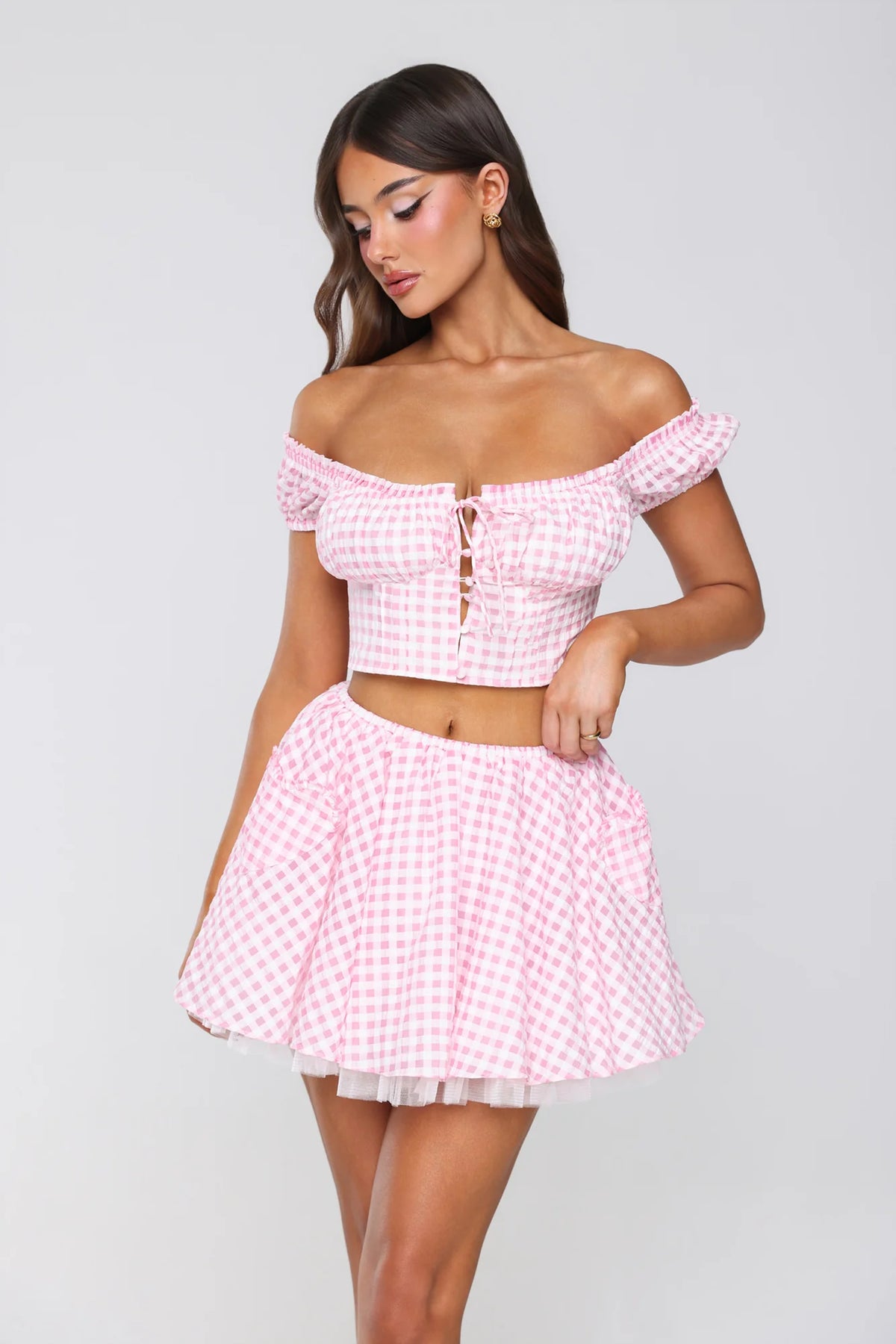Candlelit Lovers Off Shoulder Gingham Crop Top Blush