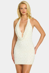 Deep Plunge Embellished Mini Dress in Snow