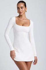 Modal Square Neck Long Sleeve Mini Dress in White