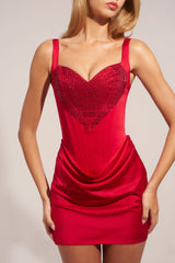 Satin Sweetheart-Neck A-Line Mini Dress in Rose Red