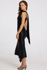 Asymmetric Scarf-Detail Midaxi Dress in Black