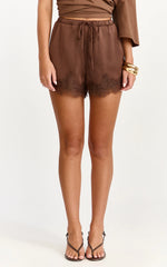 Ava Shorts - Lace Trim Elasticated Waist Shorts in Chocolate