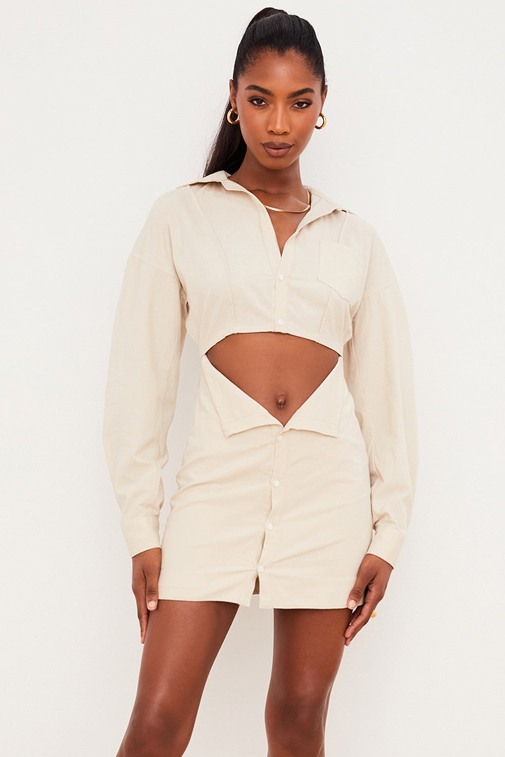 beige linen cutout shirt dress