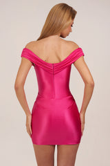Satin Off-Shoulder Draped Mini Dress in Raspberry