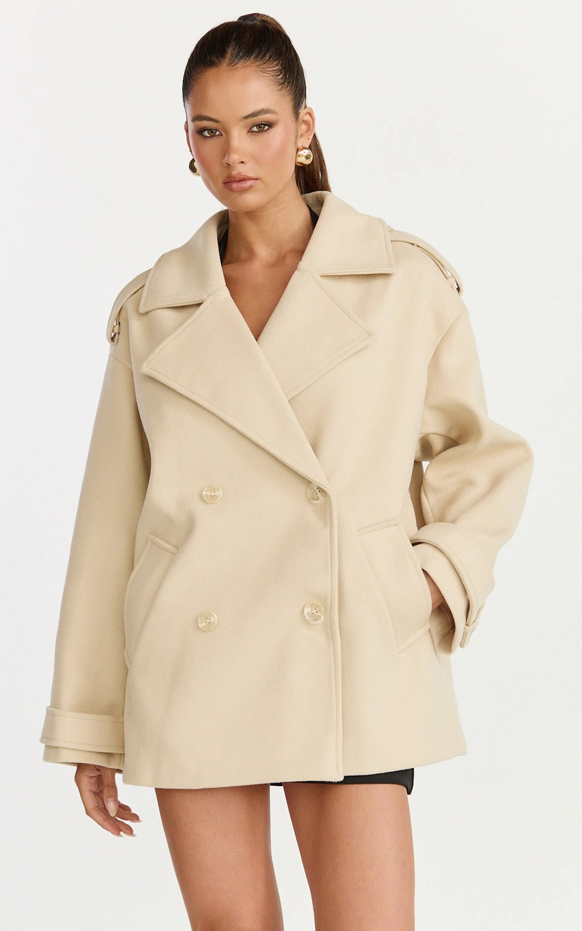 Saskia Coat - Double Breasted Short Wool Like Coat in Cream