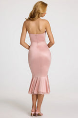 Satin Lace-Trim Bandeau Fluted Midaxi Dress in Blush Pink