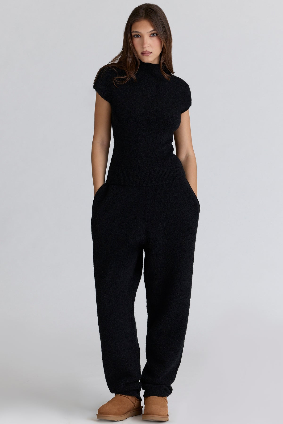 black wool boucle knit trousers