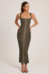Modal Square-Neck Bodycon Midi Dress in Leopard Print
