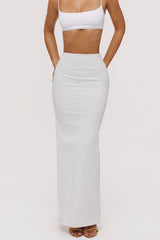white cotton v back draped maxi skirt
