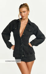 Tianna Jacket - Long Sleeve Contoured Recycled Denim Jacket in Washed Black