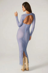 Embellished Long Sleeve Maxi Dress in Blue