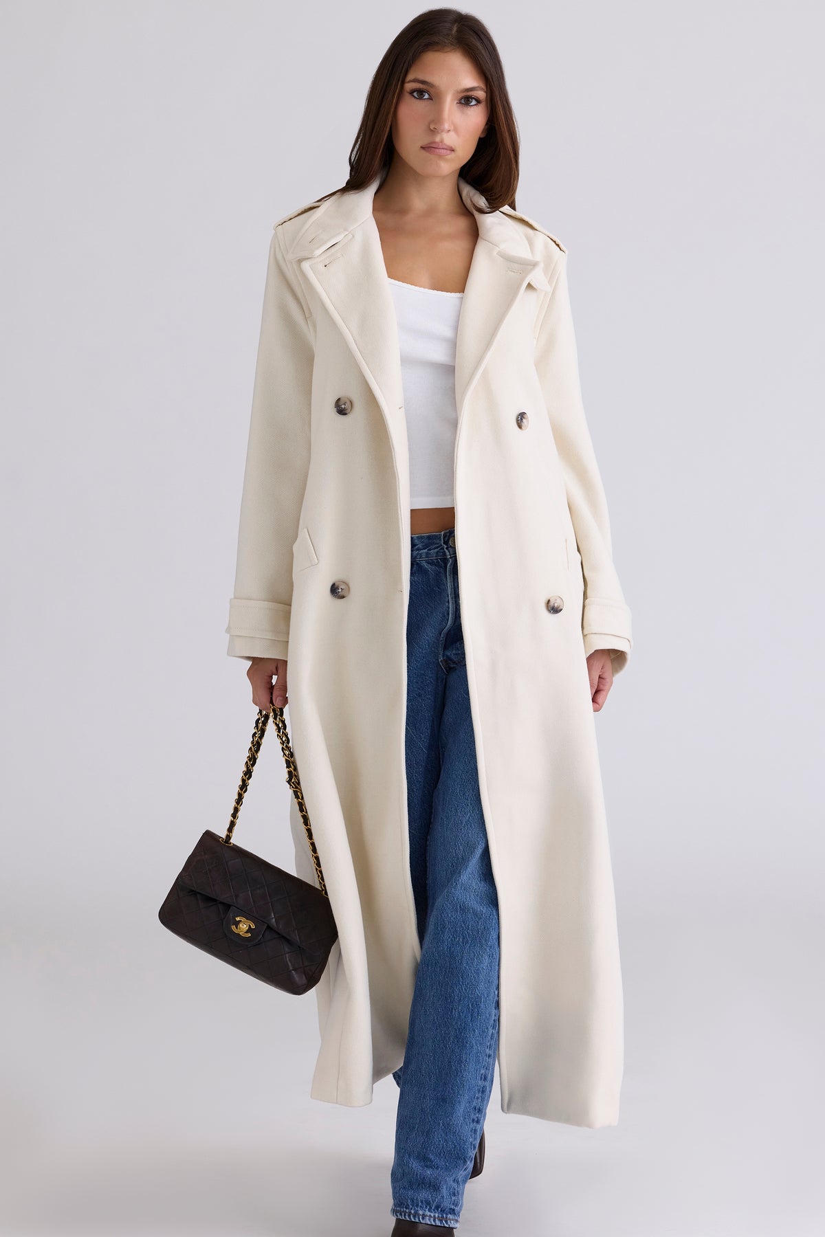 cream double breasted funnel neck coat
