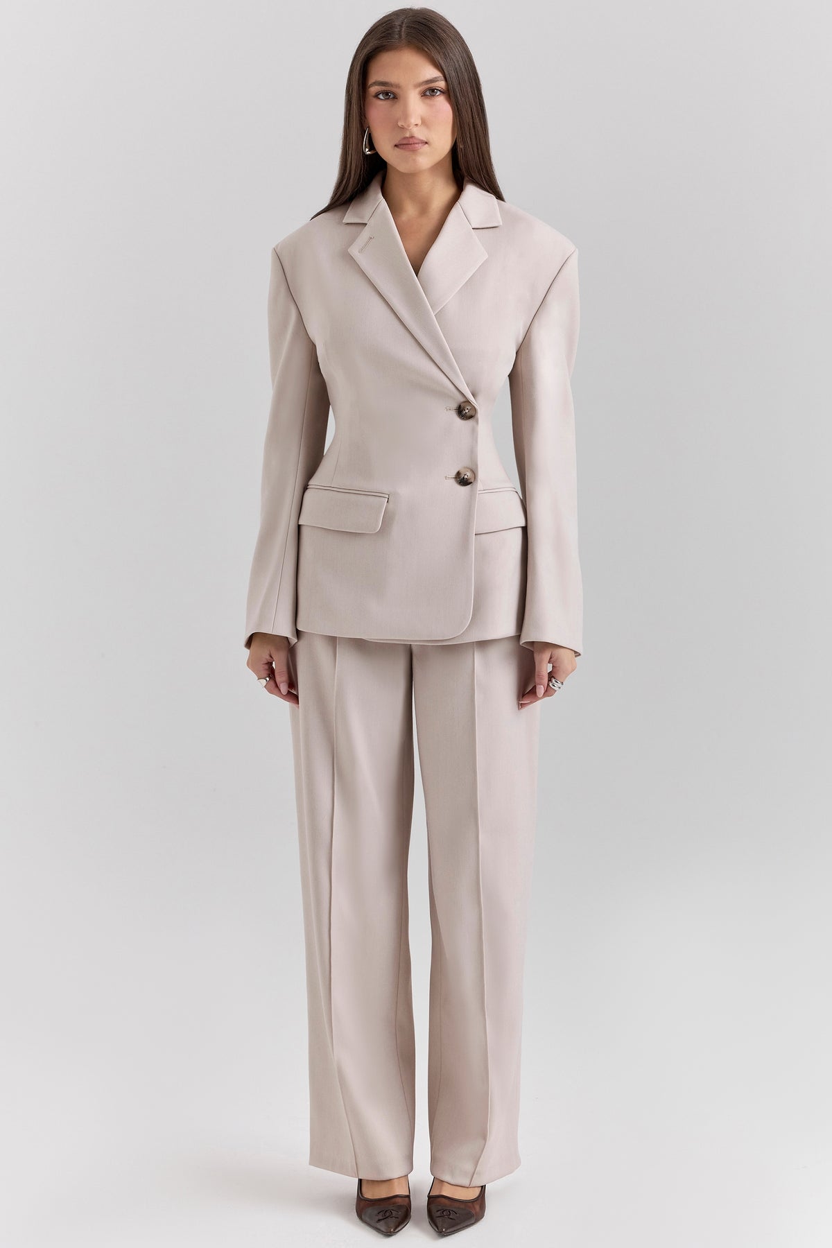beige high waist tailored trousers