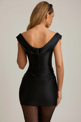Satin Off-Shoulder Draped Mini Dress in Black