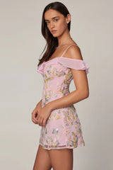Embellished Lace-Up A-Line Mini Dress in Soft Pink