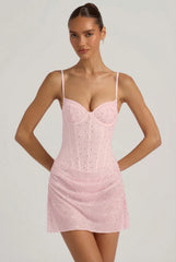 Semi-Sheer Embellished Draped Corset Mini Dress in Pink