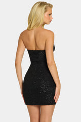 Embellished Strapless Cowl Neck Mini Dress in Black
