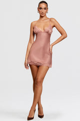 rose pink satin & lace slip dress