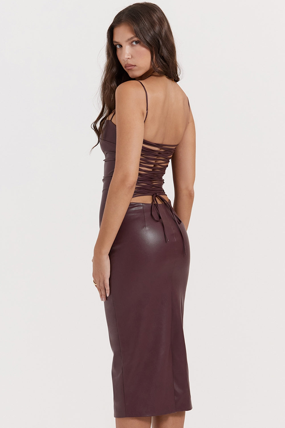 mulberry vegan leather lace back dress