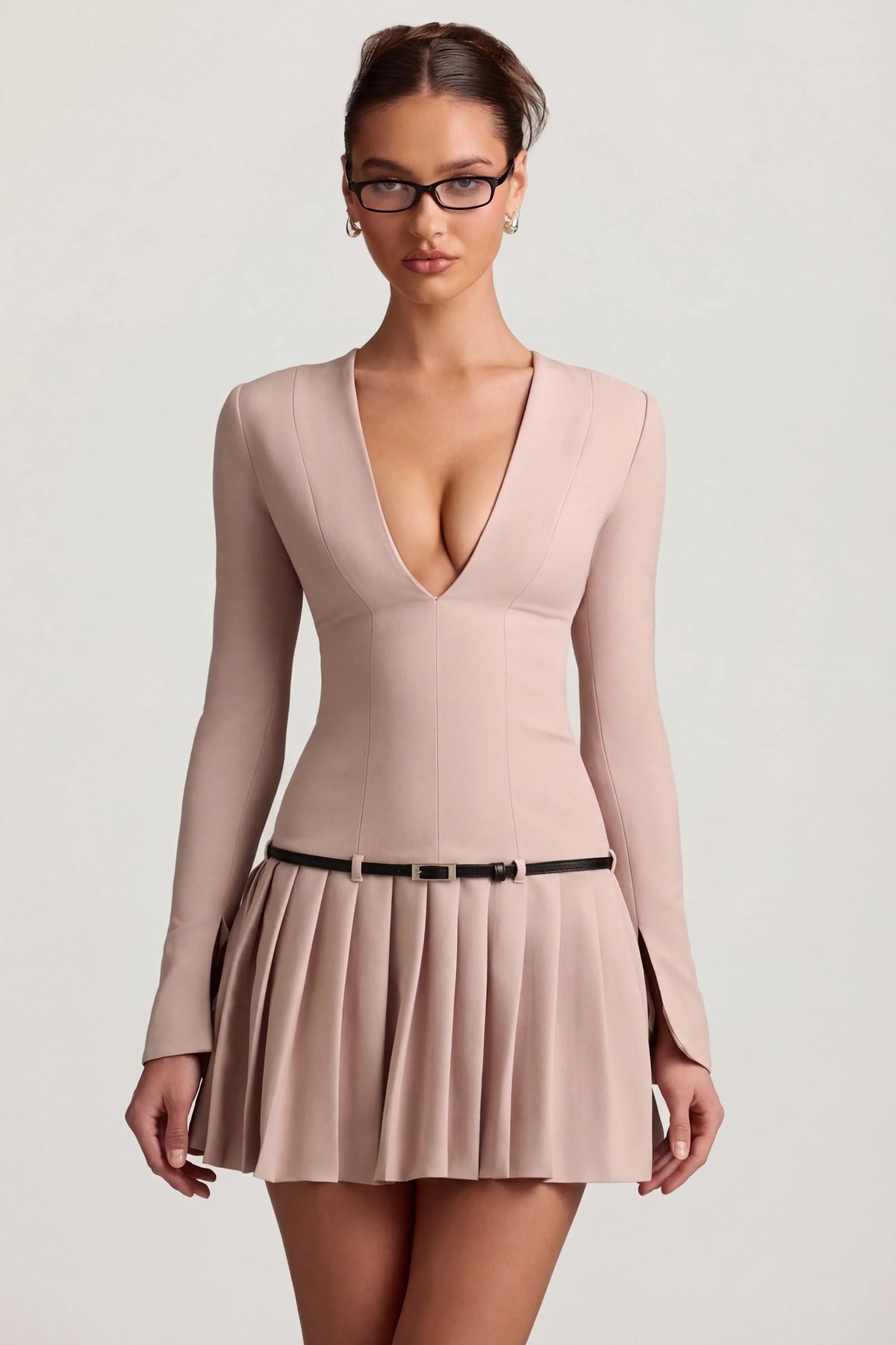 Long-Sleeve Pleated Mini Dress in Mushroom
