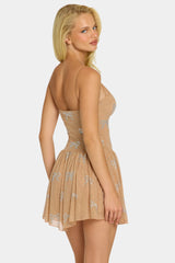 Embellished Strappy Skater Mini Dress in Almond