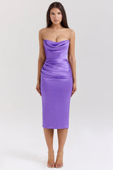 violet satin strapless corset midi dress