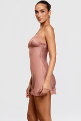 rose pink satin & lace slip dress
