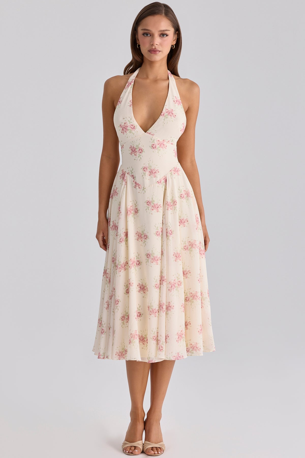 ivory vintage rose print georgette midi halter dress