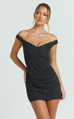 Charlie Mini Dress - Polka Dot Off Shoulder Gathered Dress in polkadot