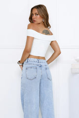 Daydreamer Ribbed Off-Shoulder Crop Top White