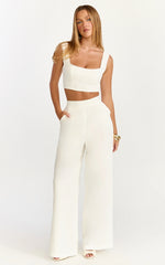 Tessa Two Piece Top and Pants Set - Square Neck Lace Trim Top And Wide Leg Pants in White