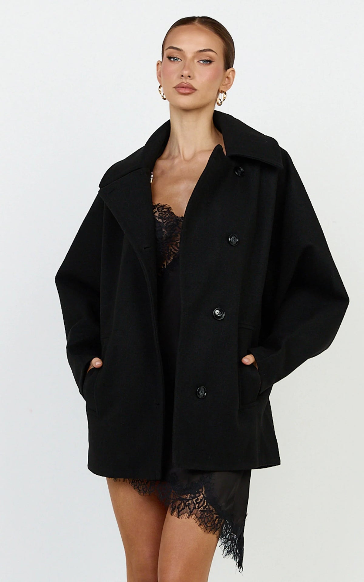 Rina Coat - Oversized Three Button Front Closure Coat in Black