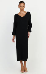 Kartia Midi Dress - V Neck Knit Dress in Black