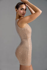 Embellished Square-Neck Mini Dress in Almond