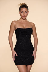 Embellished Strapless Cowl Neck Mini Dress in Black
