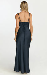 Rumi Maxi Dress - Ruched Bodice Satin Dress in Navy