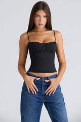 black stretch twill cupped corset top