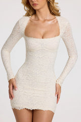 Scalloped-Lace Long-Sleeve Mini Dress in White