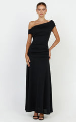 Ophelia Maxi Dress - Off Shoulder Ruched Fit And Flare Dress in Black