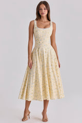 lemon floral print cotton lace up midi sundress