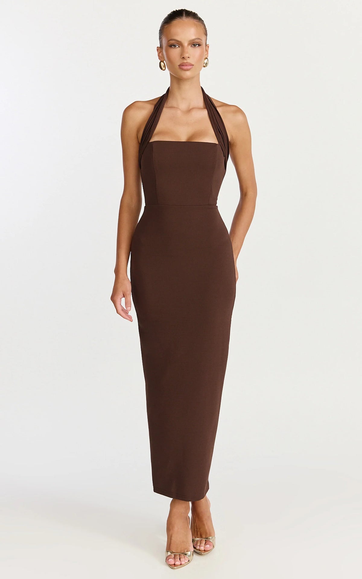 Salome Midi Dress - Halter Neck Column Dress in Chocolate